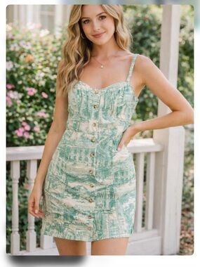 Emory Park Scenic Print Button-Up Mini Dress with Smocked Back